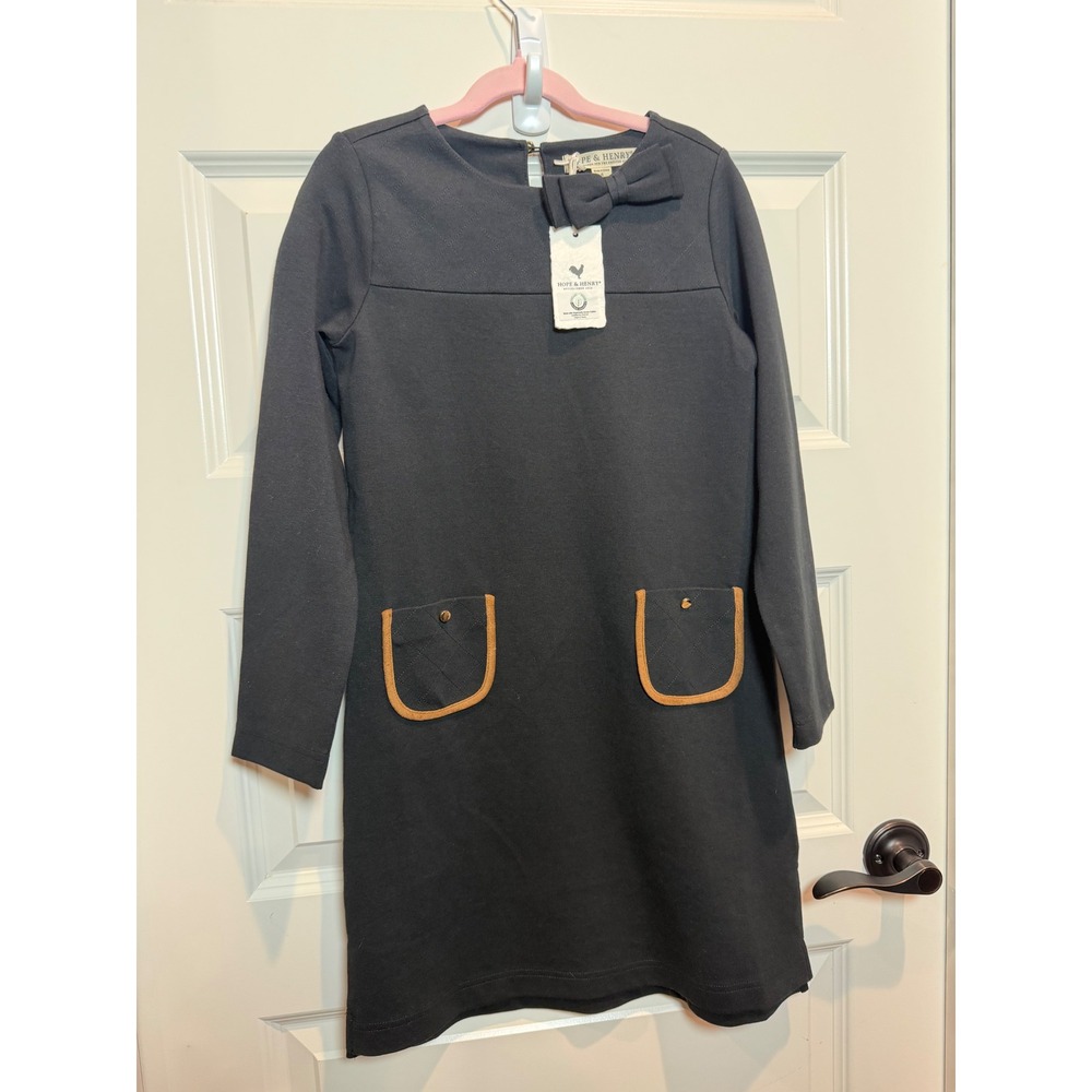 Hope & Henry Girls Navy Blue Ponte Dress Bow Quilted Pockets Size 8 NWT
